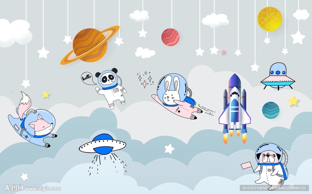 卡通太空儿童房背景墙图片