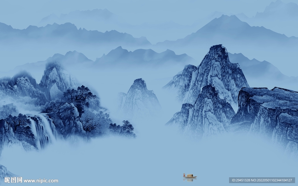 蓝色新款中式山水 tif分层