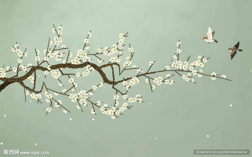 新中式花鸟手绘梨花背景墙装饰画
