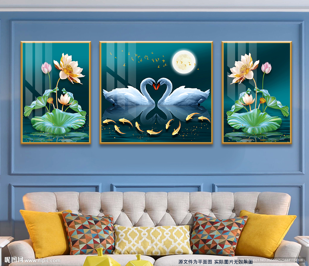 花好月圆金色荷花天鹅湖装饰画