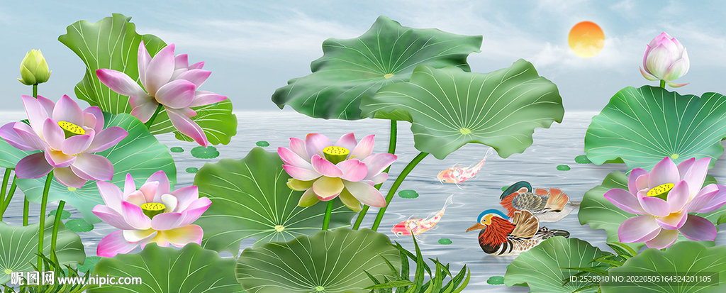 荷花鲤鱼鸳鸯分层高清大图