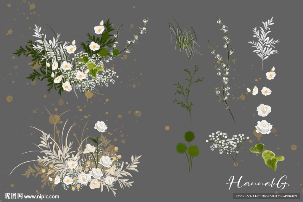 白绿色婚礼效果图手绘花艺素材