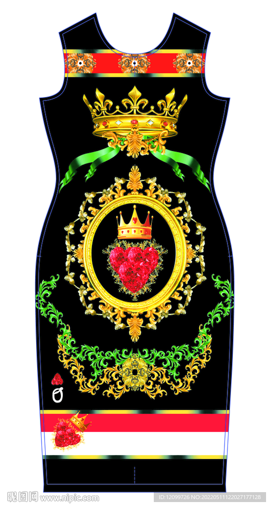 大牌皇冠花边数码印花连衣裙