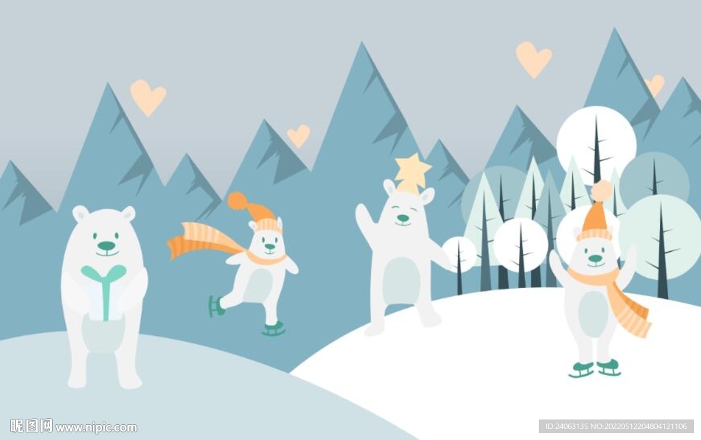 卡通雪地北极熊儿童房背景墙