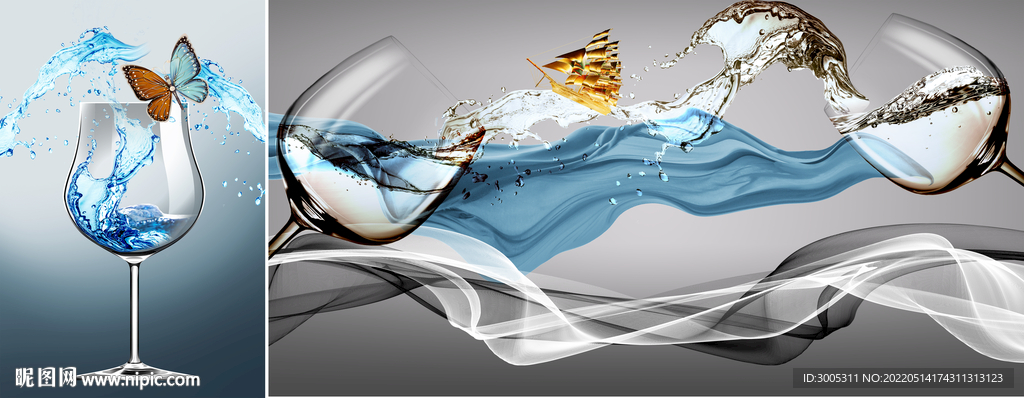 装饰画 红酒杯 飘带