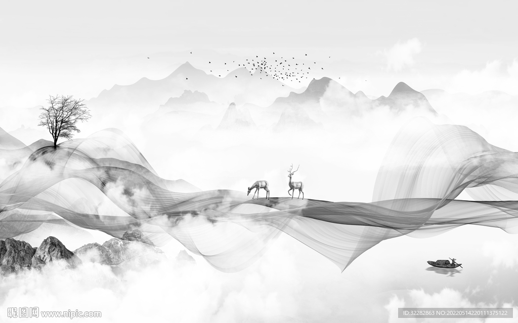 新中式灰色风景山水 TIF分层