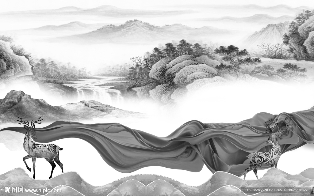 中国风灰色风景山水 TIF分层