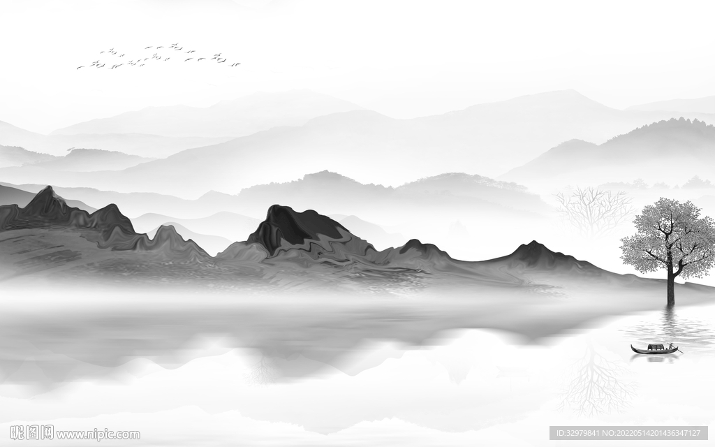 中式 客厅画山水图 tif分层