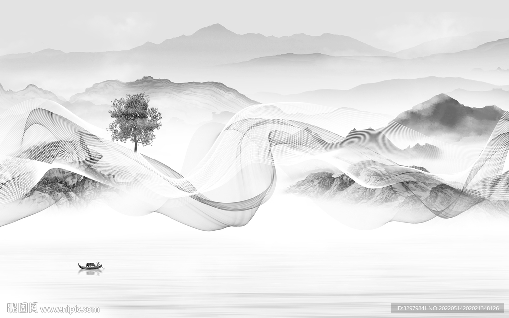 新中式客厅画山水图 tif分层