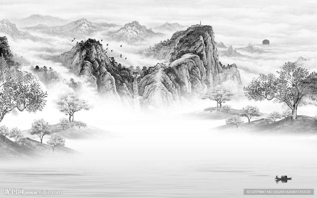 新品背景中式山水 tif分层