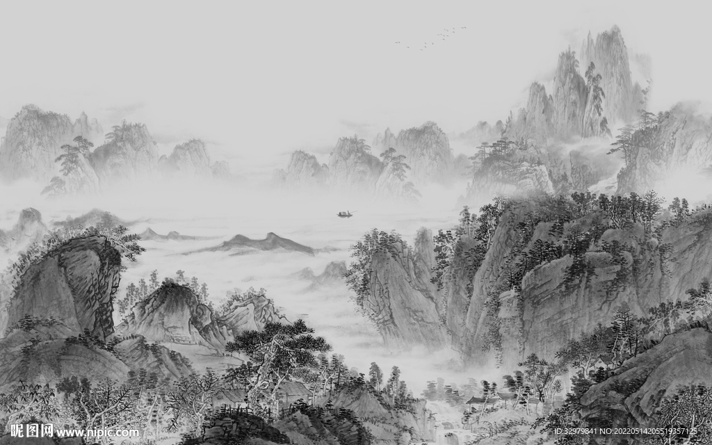 新款背景中式山水 tif分层