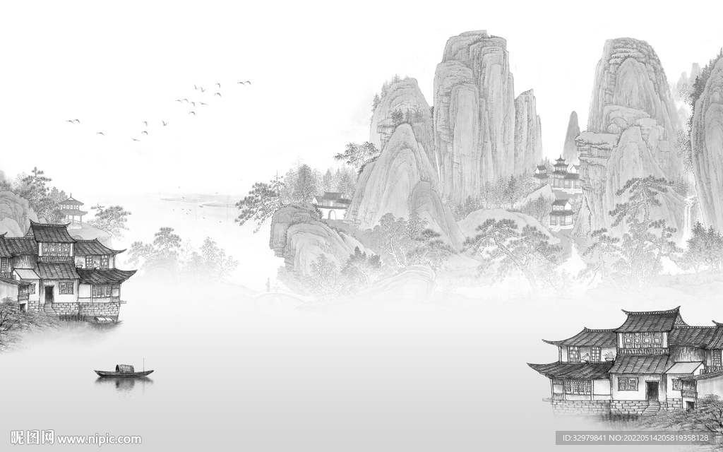 别墅 背景中式山水 tif分层