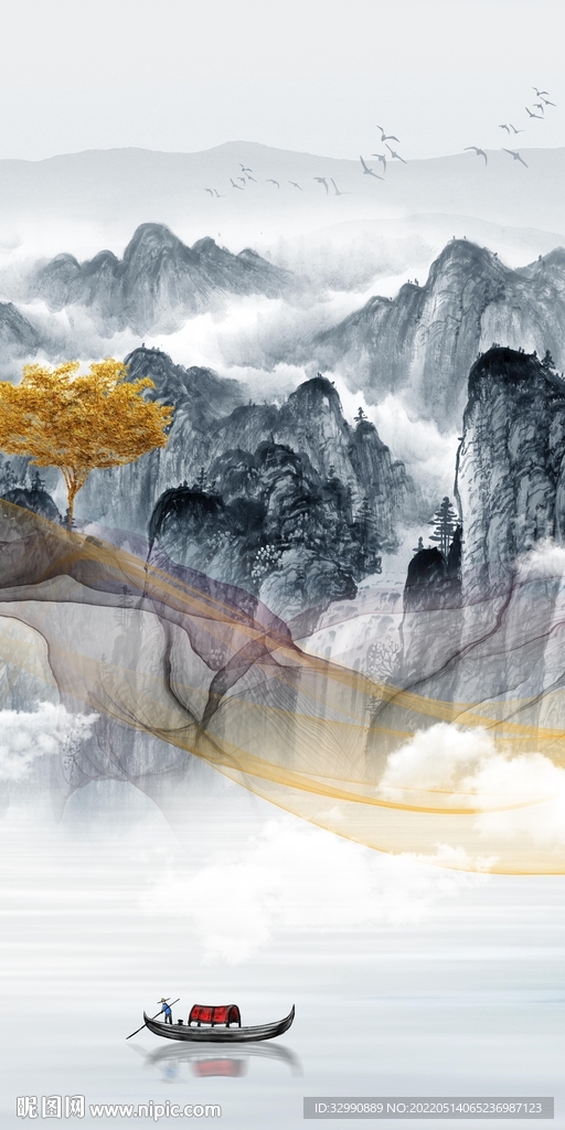 新品墙画玄关山水 TIF分层