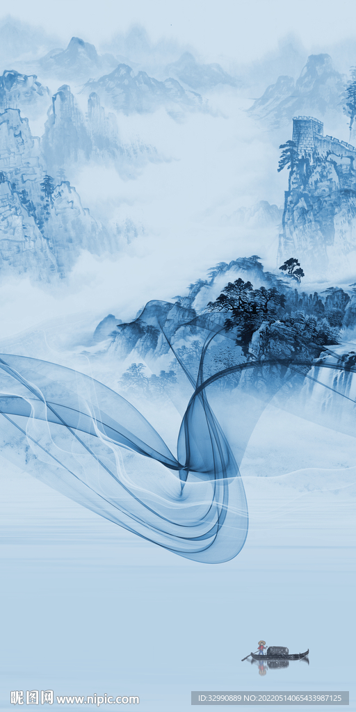 蓝色墙画玄关山水 TIF分层