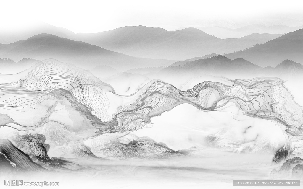 新中式灰色客厅山水 tif分层