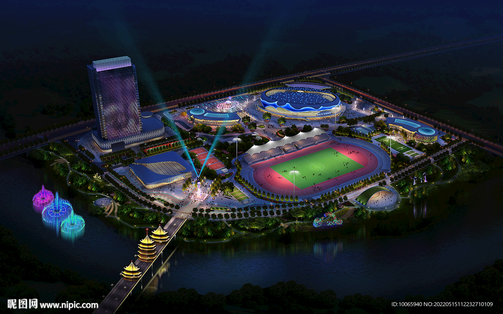 体育场奥体中鸟瞰夜景亮化灯光