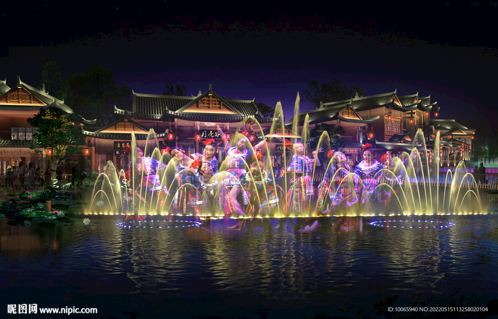 彝族建筑古建亮化喷泉夜景源文件