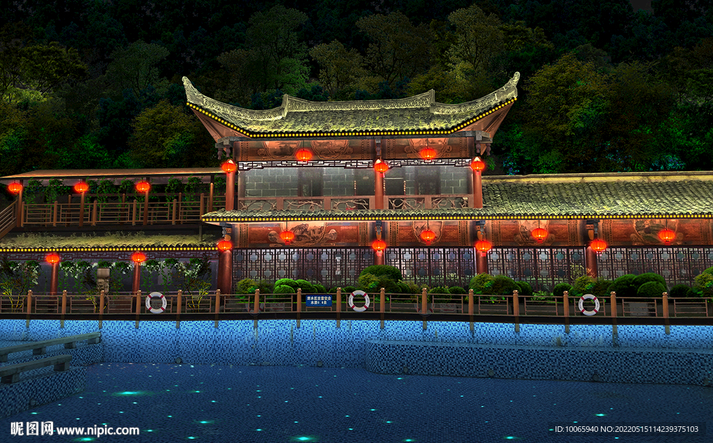 古建亮化夜景灯光泳池温泉旅游