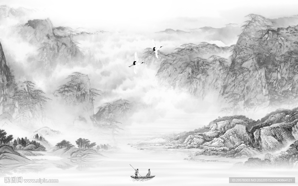 别墅高清山水墙画 TIF分层