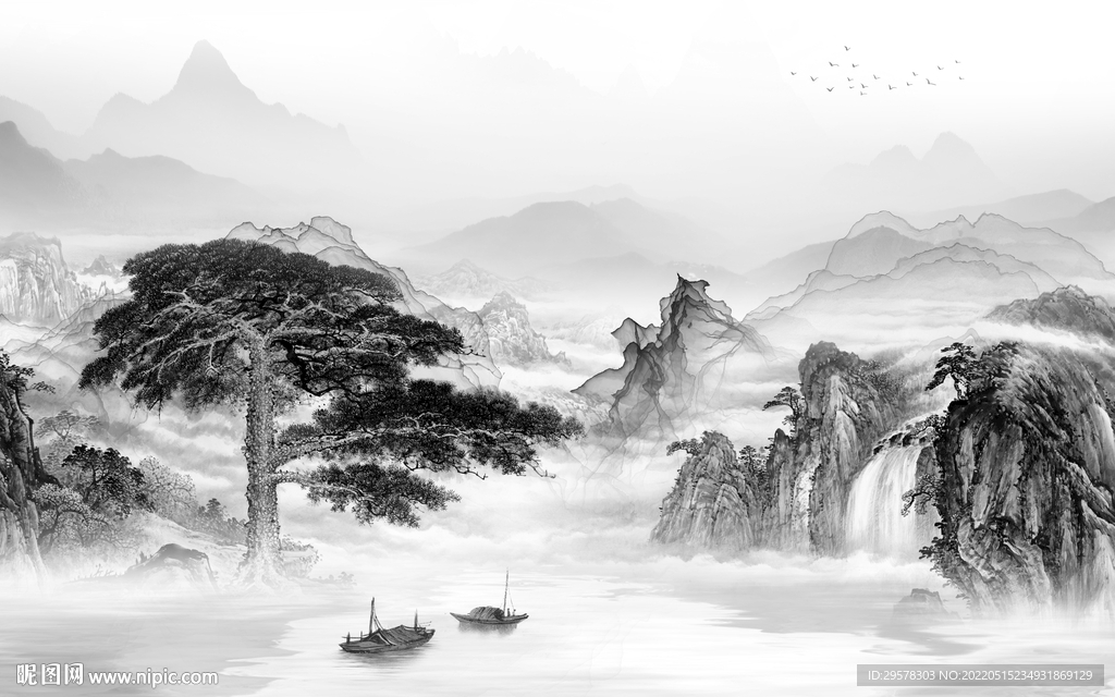 新中式高清山水墙画 TIF分层