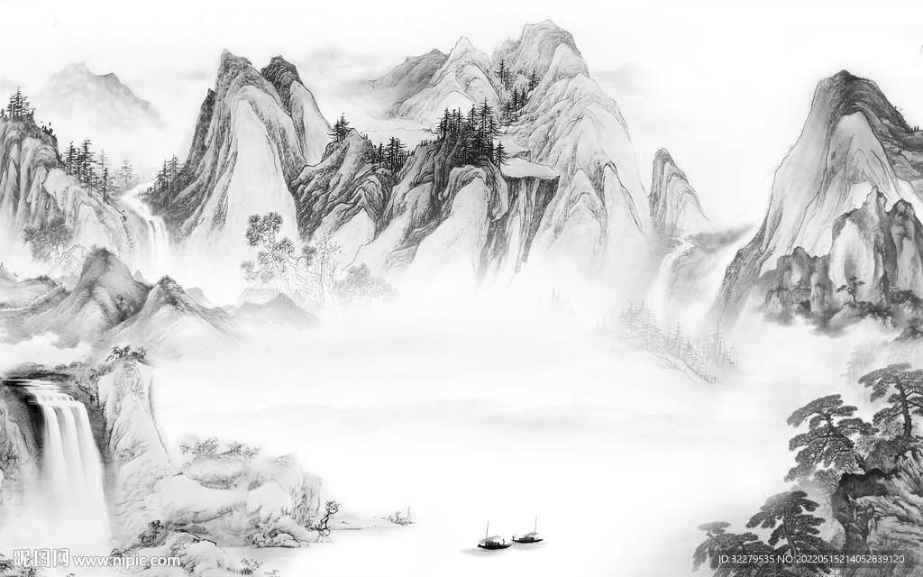 无框画高端灰色山水 TiF分层