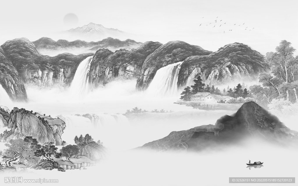 灰色电视背景山水 tif分层