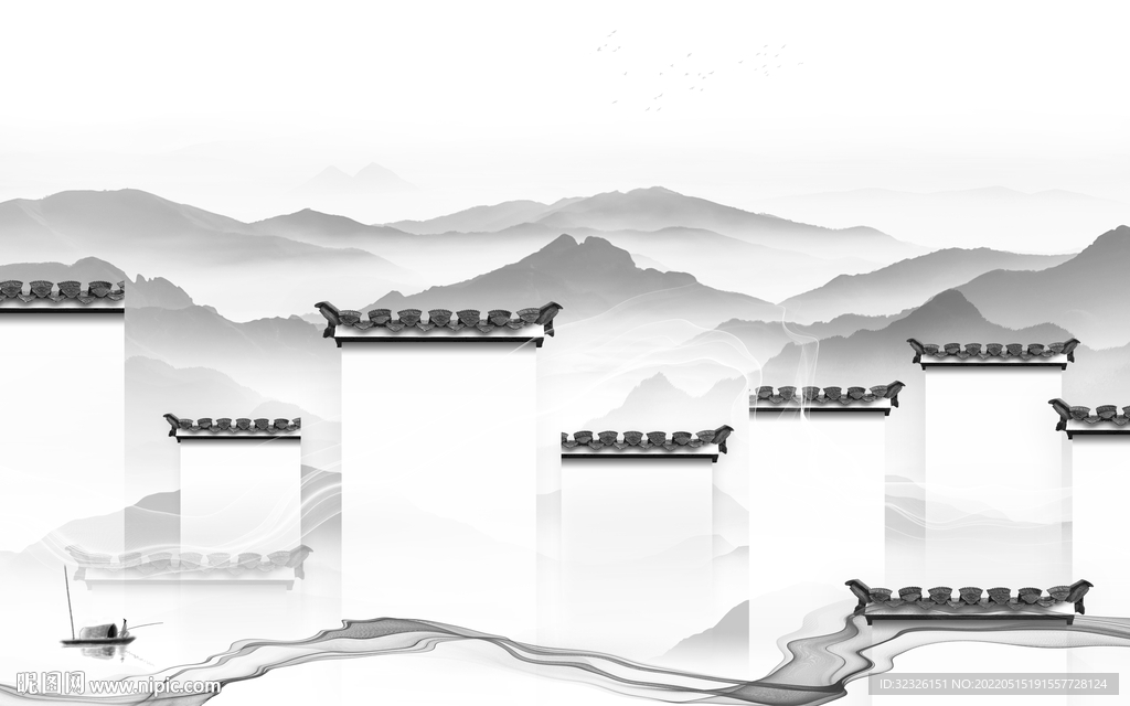 徽派客厅风景山水 tif分层