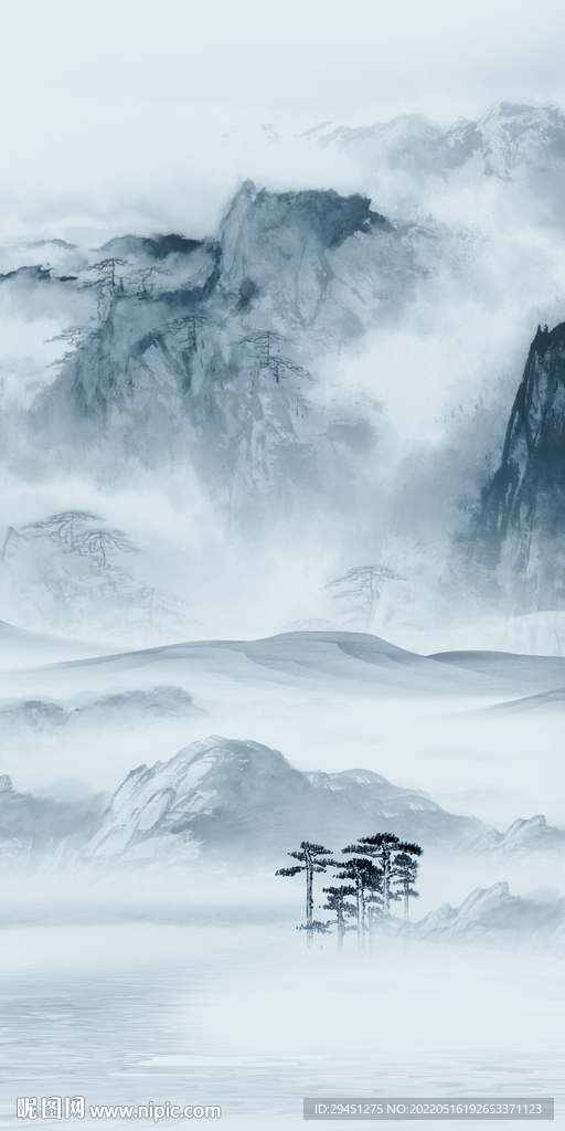 蓝色山水意境玄关 tif分层