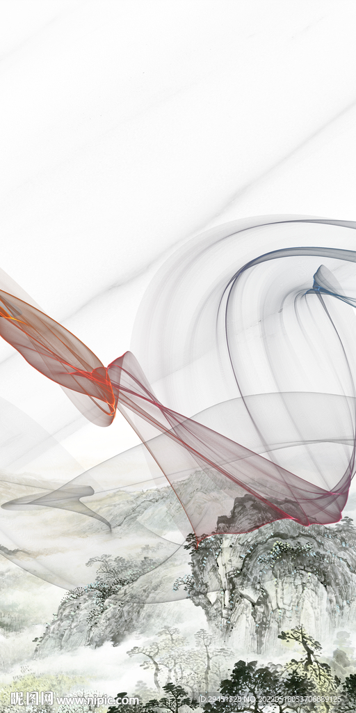 线条 山水画玄关墙 TIF分层