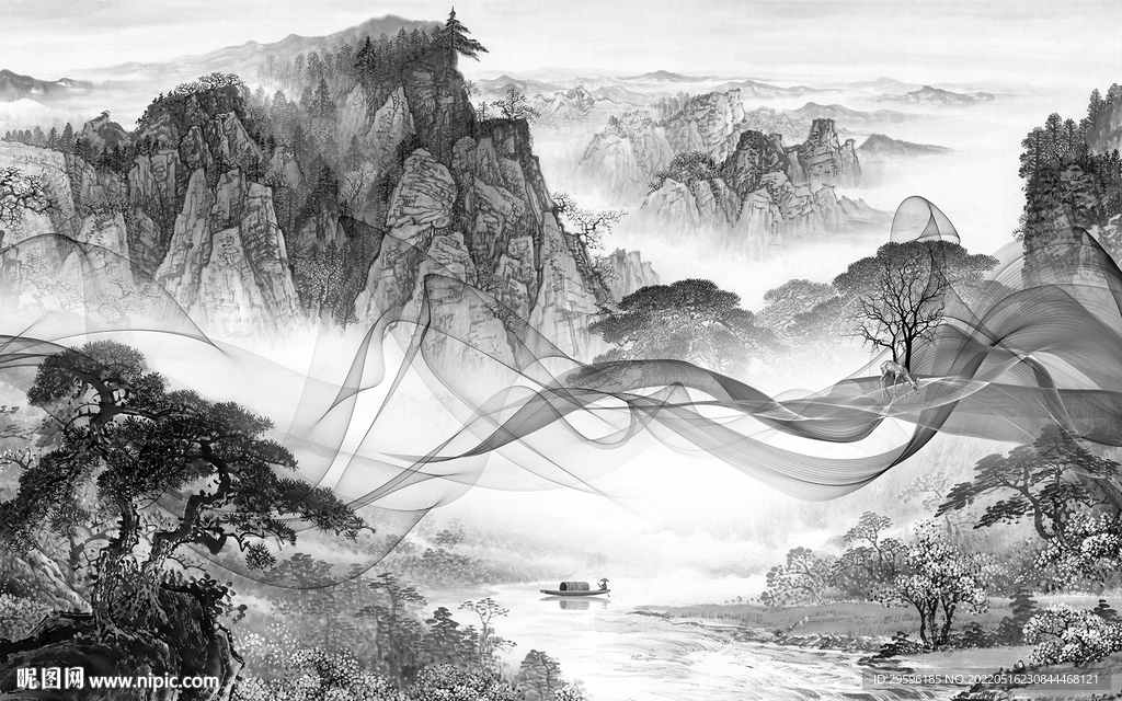 别墅山水画灰色图 TIF分层