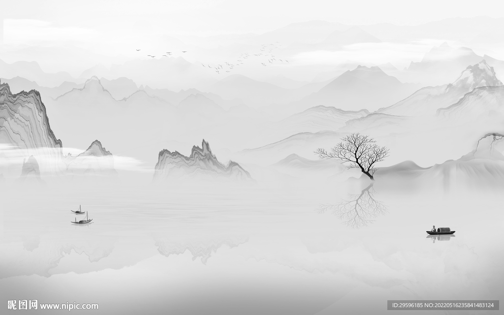 水墨灰色山水框画 TIF分层