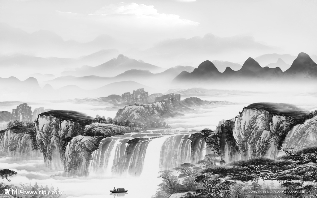 中式灰色高清山水 tif分层