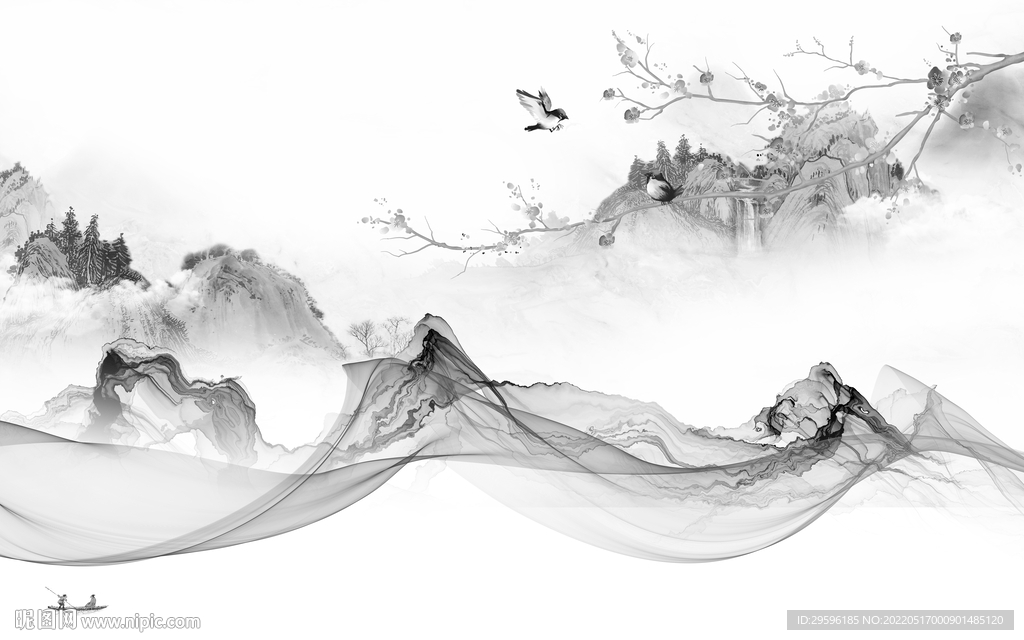 别墅意境山水墙画 TIF分层