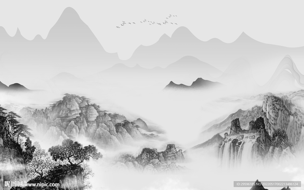 新中式意境山水墙画 TIF分层