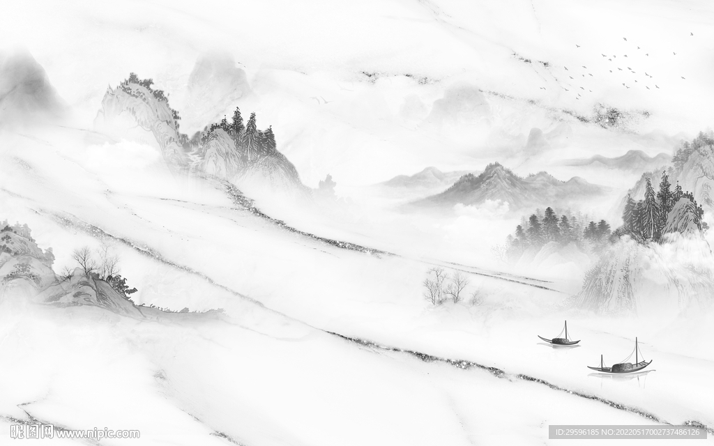 中式意境山水墙画 TIF分层