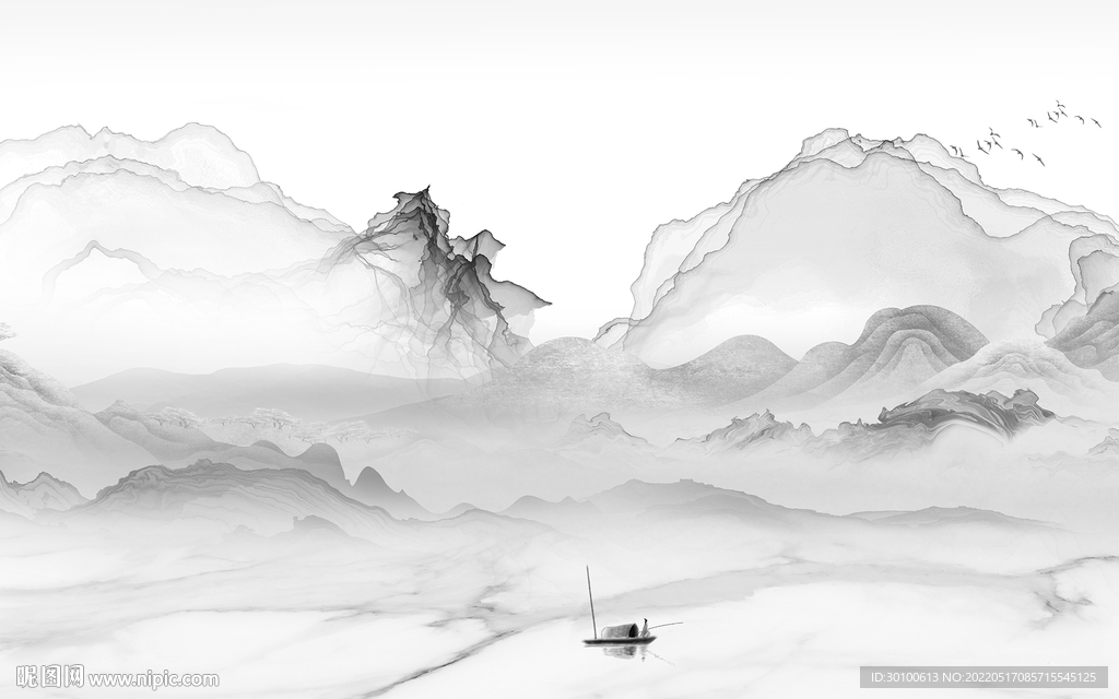 高端 客厅灰山水画 tif分层