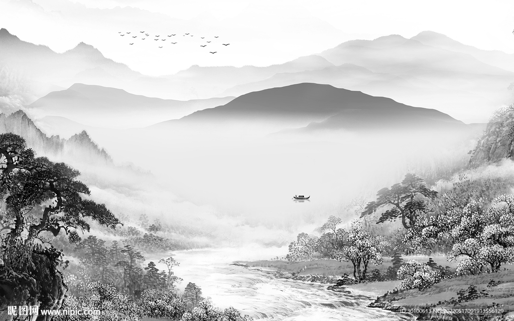 最新客厅灰山水画 tif分层