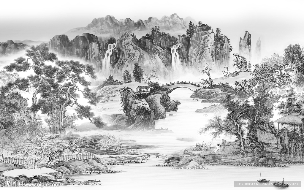 水墨客厅灰山水画 tif分层