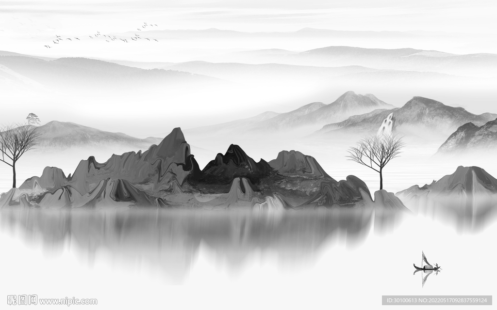 新品客厅灰山水画 tif分层