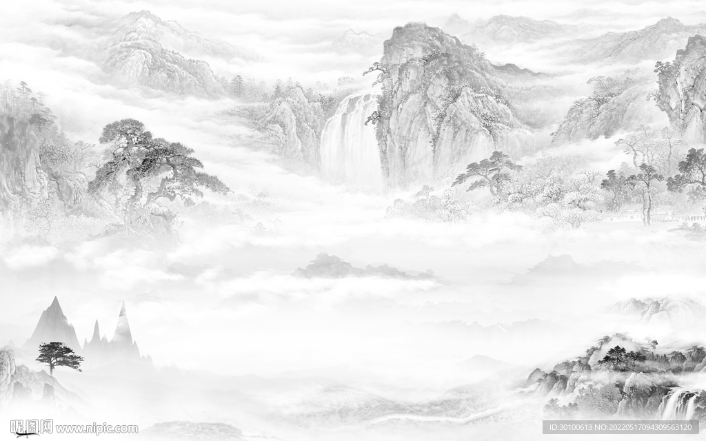 高档 客厅灰山水画 tif分层