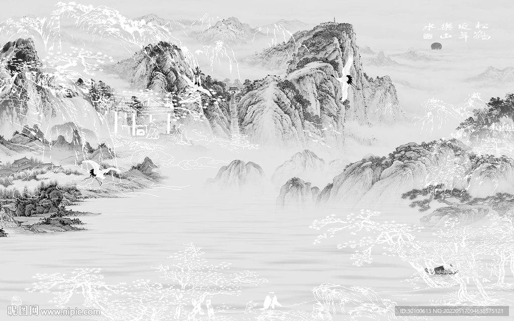 意境 客厅灰山水画 tif分层