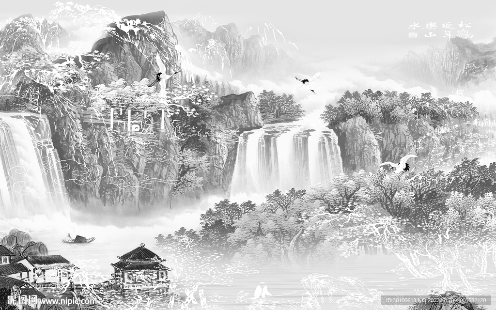 高清 客厅灰山水画 tif分层