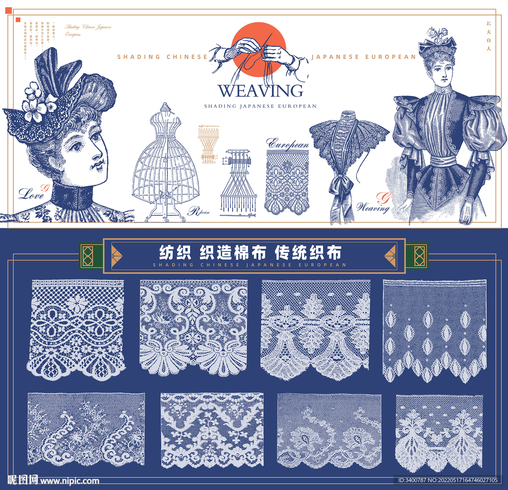 服装版型 欧复古纺织棉纺矢量