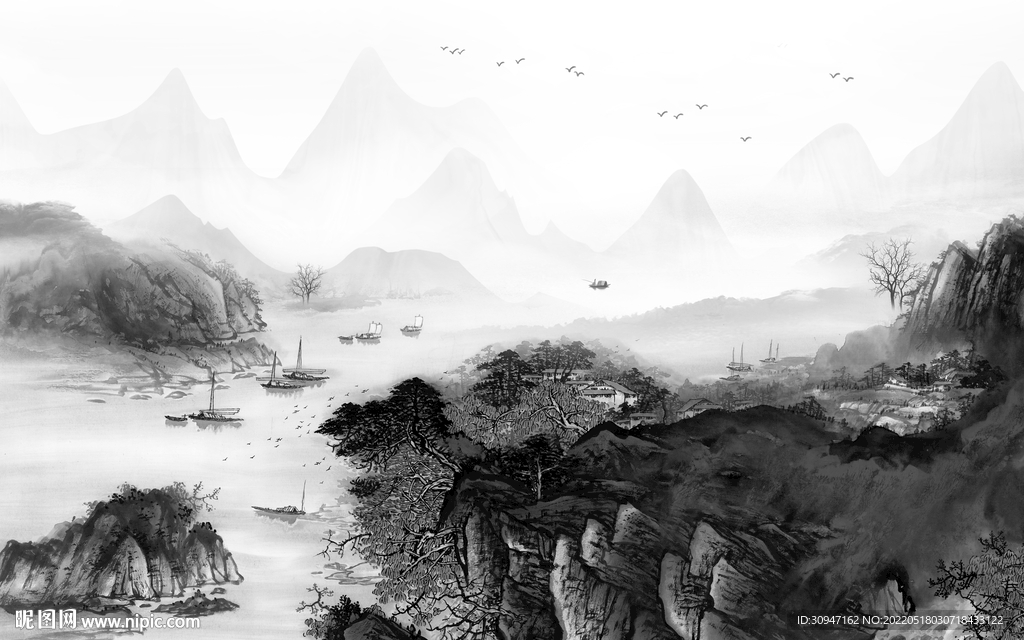 电视中式灰色山水 TIF分层