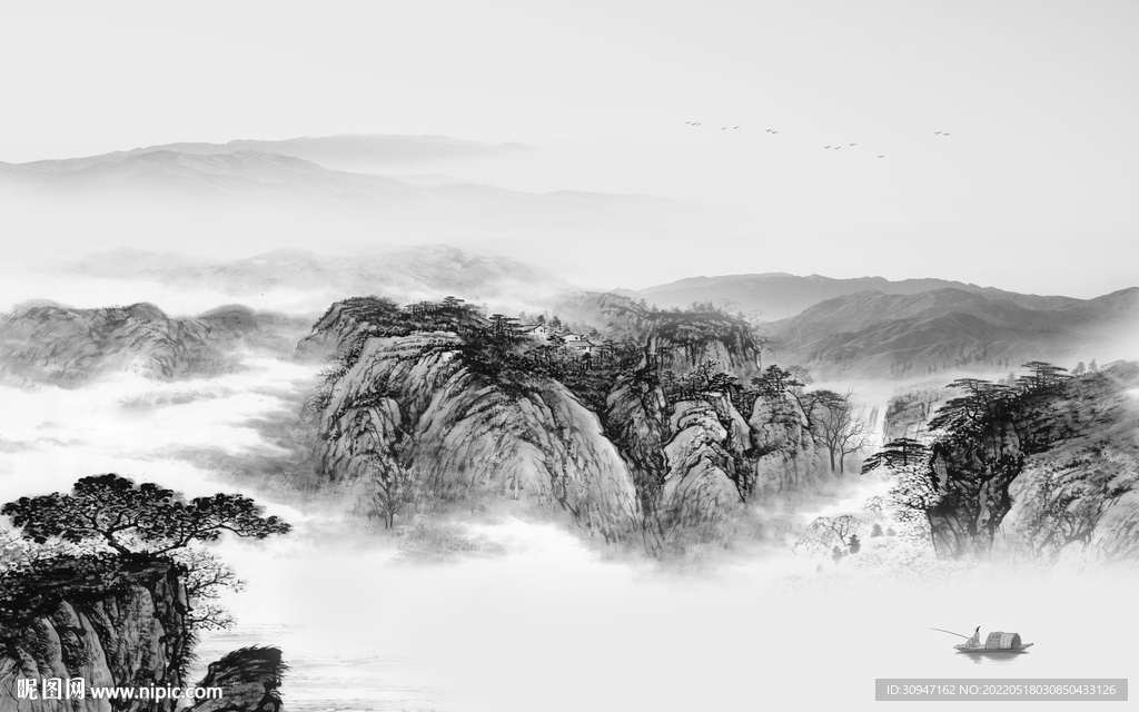 客厅中式灰色山水 TIF分层