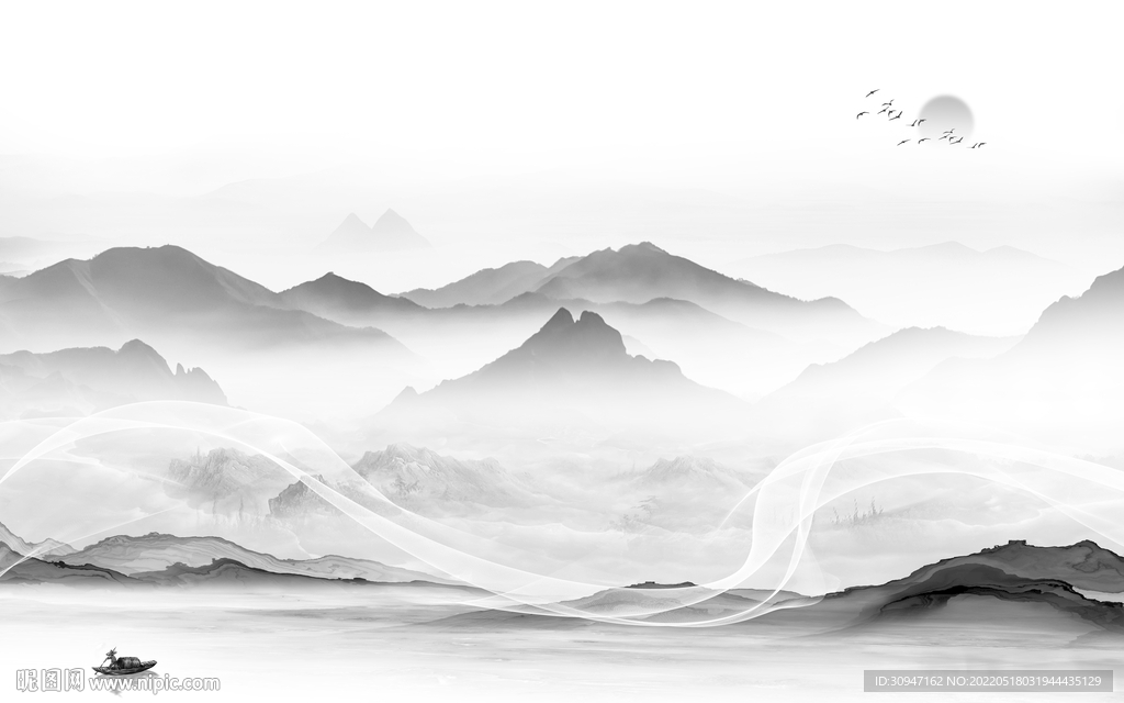 中国风中式灰色山水 TIF分层