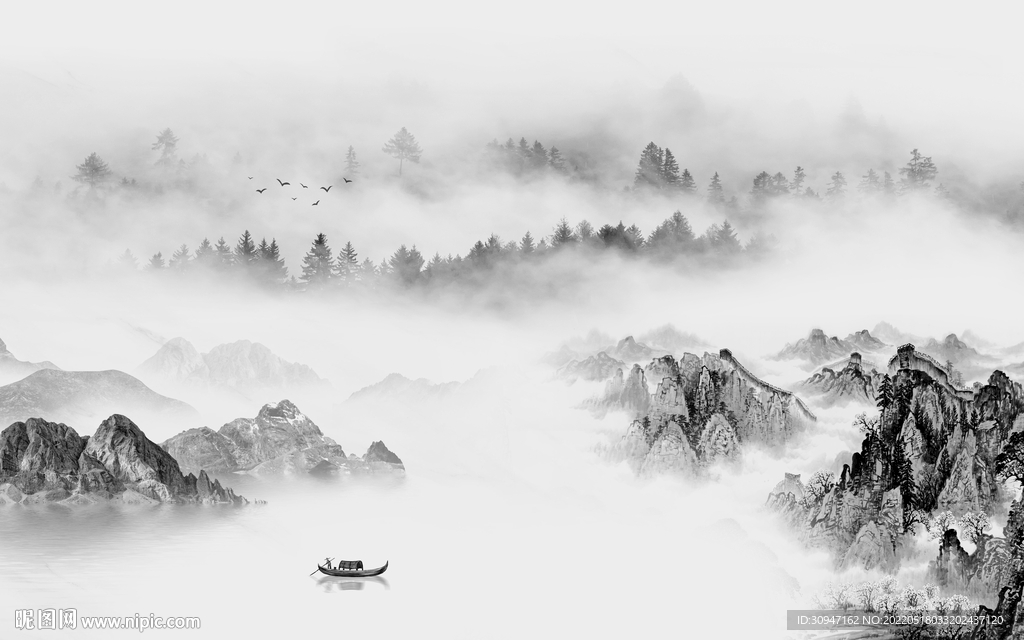 现代中式灰色山水 TIF分层