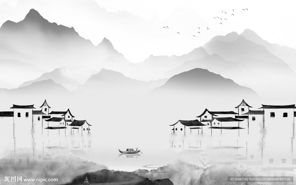 江南 中式灰色山水 TIF分层