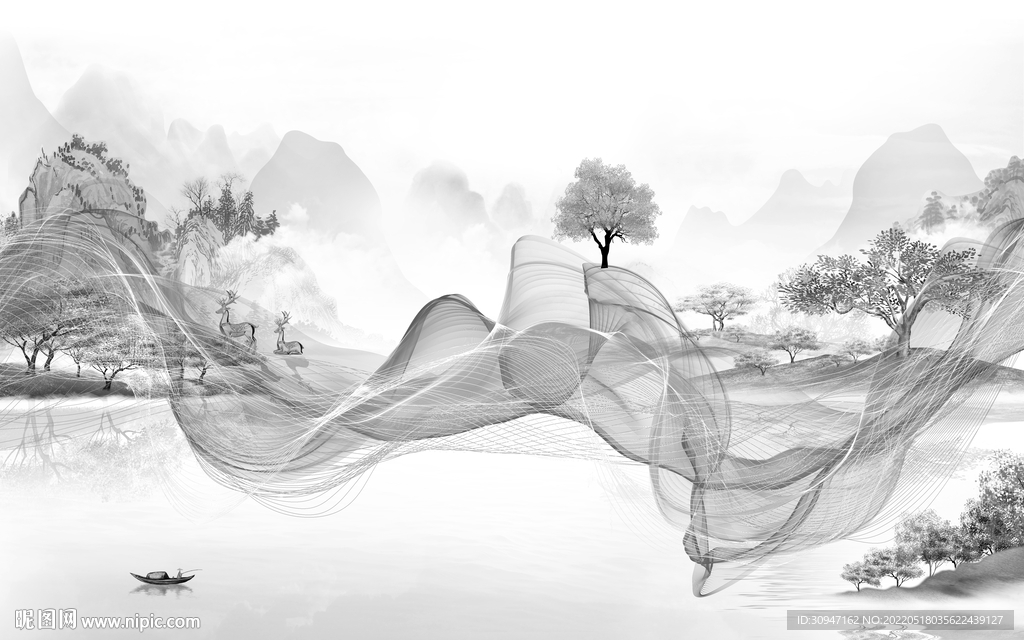 高端中式灰色山水 TIF分层