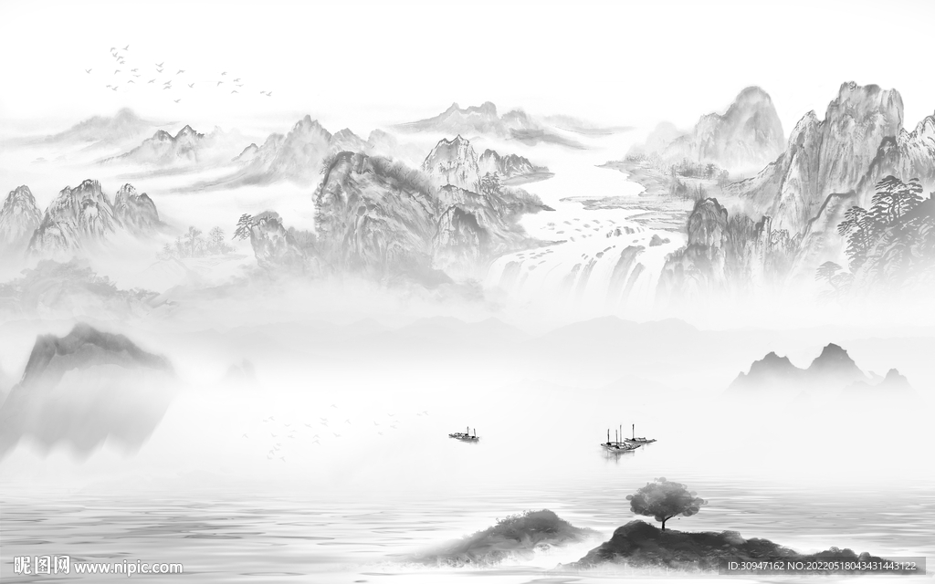 新中式客厅灰山水画 TIF分层